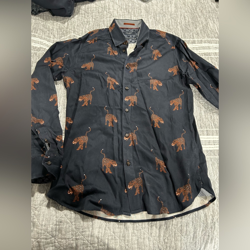 Ted Baker Navy and Brown Casual Button Down Shirt with Playful Pattern